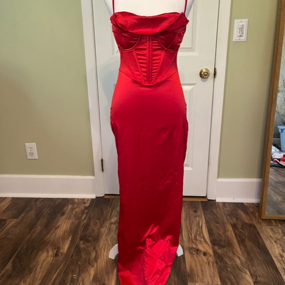 Red corset dress and gloves